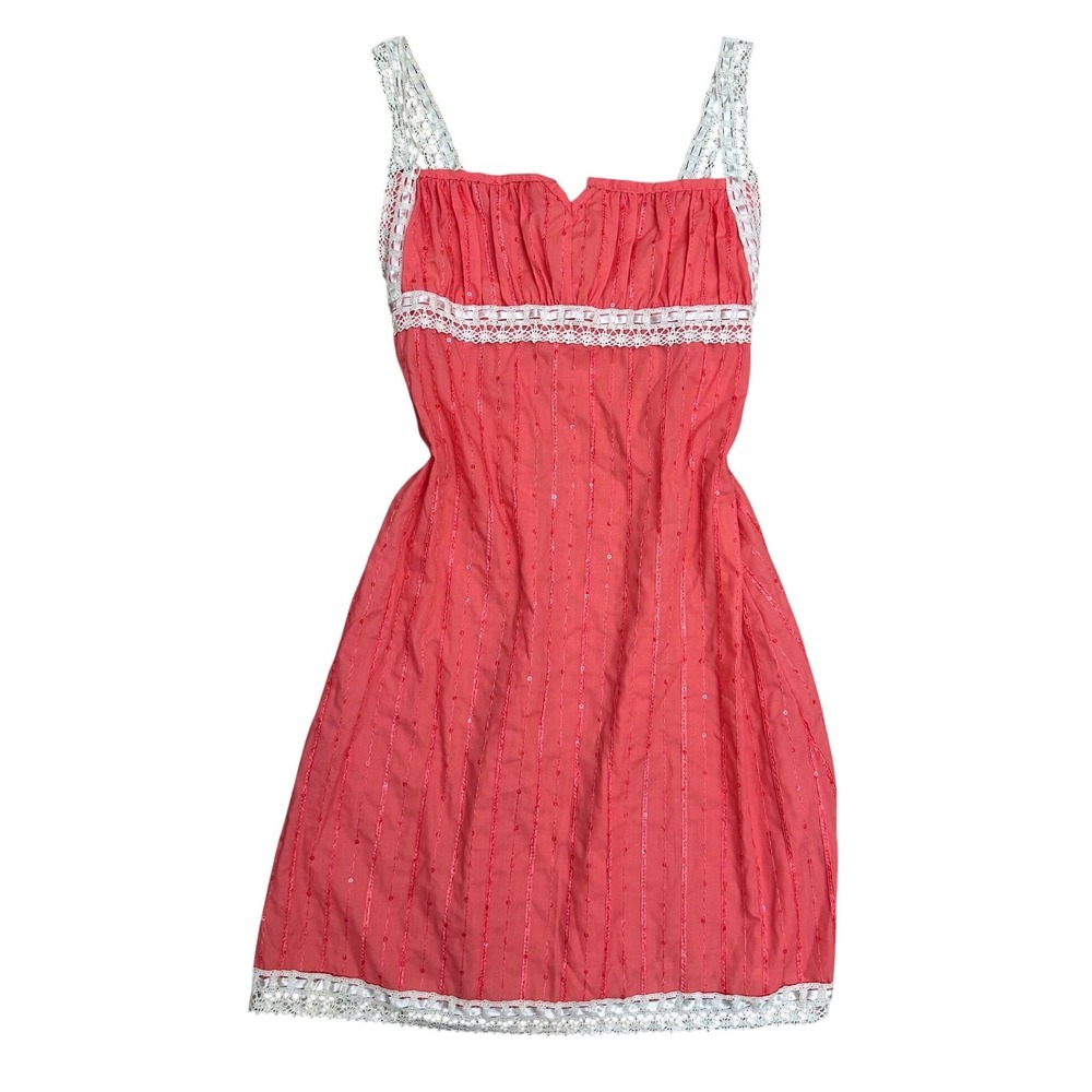 Handmade Vintage Coral Pink Lace Trim‎ Sequin Cottagecore Mini Dress XS preppy